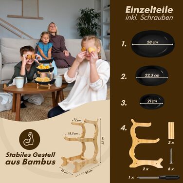 Керамічна фруктова тарілка на 3 яруси з бамбуковою підставкою, чорна | Obst Etagere