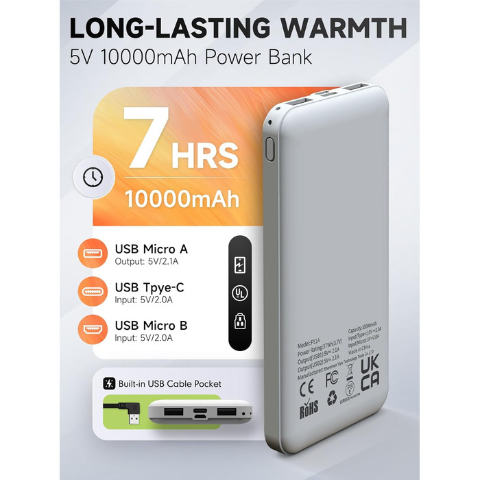 Обогріваючий жилет для чоловіків з акумулятором 10000mAh, 6 зон нагріву, USB, мікрофліс, регулювання температури, чорний (M)