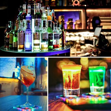 MEDOYOH Square Cool White LED Coasters for Drinks, ON/Off Switch Drink Coasters Set, Waterproof Coasters Glowing for Glasses Bottles Parties Weddings Bar Christmas (Colorful LED, 8-Piece Set)
