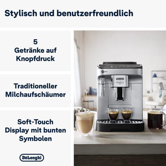 De'Longhi Magnifica Evo ECAM 292.33.SB Fully Automatic Coffee Machine with Milk Frother, 5 Direct Buttons for Espresso, Coffee, and Specialty Coffees, Intuitive Control Panel, 2-Cup Function, Silver/Black