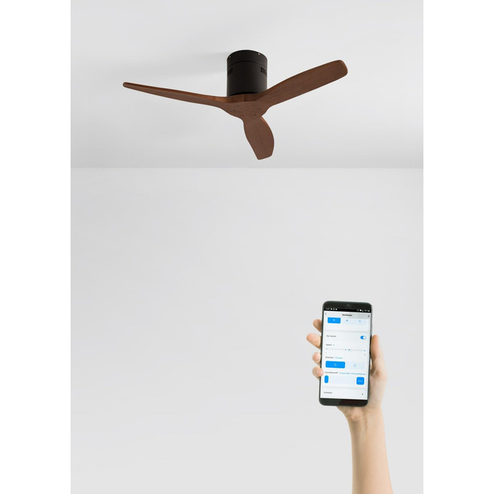 Вентилятор стельовий WINDCALM S з ABS-пластику з підсвічуванням, з пультом, 40W, тихий, Ø112cm, 6 швидкостей, 3 LED-температури, таймер, режим літо/зима (Чорний, імітація темного дерева, без світла + Wi-Fi)