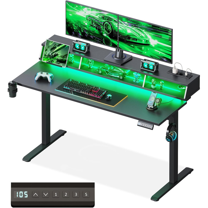 Офісний стіл для геймінгу OffiGo, 140 см, регулювання висоти, RGB LED, розетки, 3 стійкі місця для зберігання, тримач для напоїв та навушників, стільниця з карбонової поверхні (білий/чорний)
