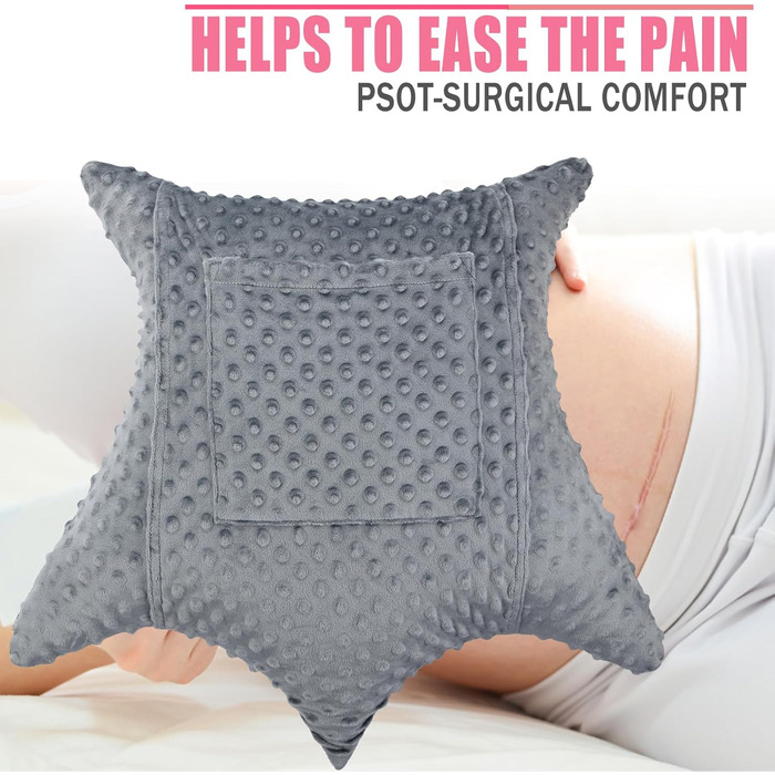 Star-shaped Hysterectomy Pillow for Abdominal Surgery with 2 Pockets, Hysterectomy Pillow, a Must-Have for Recovery, Post-Operation Gift, Belly Pillow, Minky Dot Dark Grey