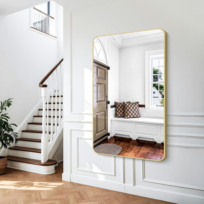 Дзеркало для ванної кімнати BONEWEI, 61 x 121,9 см, прямокутне, для монтажу на стіну, з рамою, косметичне дзеркало з округлими кутами, для спальні, вітальні, передпокою, горизонтальне (Золотий, 150x90 см)