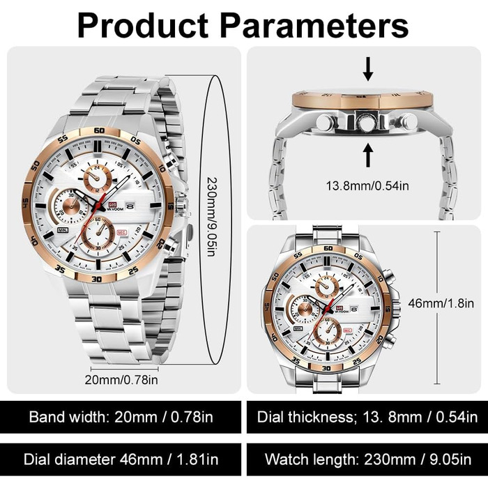 Годинник чоловічий OFF-CUP: аналоговий кварцовий хронограф з водонепроникним браслетом з нержавіючої сталі, з датою. Модний годинник для повсякденного та ділового стилю, класичний елегантний подарунок (рожево-золотий/білий)