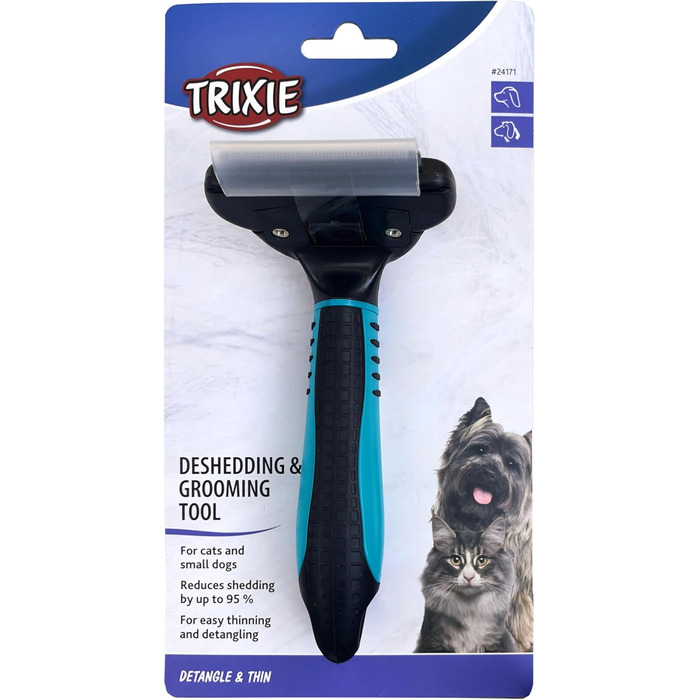 Тріксі Щітка-гребінець для вичісування та розрідження шерсті коротко- та жорсткошерстих порід - змінна головка, лезо з нержавіючої сталі, гумовий пластиковий грифель, чорний/синій, 7 x 15 см, для собак та котів