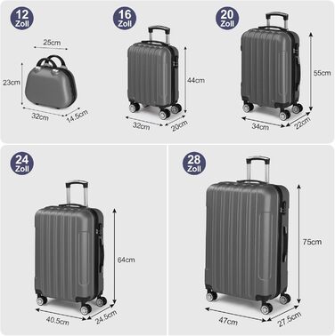 Набір валіз LEADZM 5 шт. з косметичною сумкою, жорсткий набір валіз з ABS, телескопічна ручка, ручна поклажа (Турквіс, Темно-сірий)