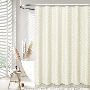 Штора для душу BTTN 180x180 см, бежева бохо, з китицями, водонепроникна, з гачками (1 шт)