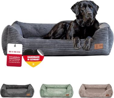 Ортопедичне ліжко для собак HS-Hundebett® Deluxe Cord, 70x90 см, зелене, великі породи, зручне, знімний чохол, миється, антиковзаюче покриття, з Німеччини