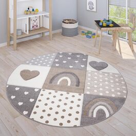 Paco Home Rug Kids' Room Rug Boy Girl Pastel 3D Effect Modern Rainbow Heart Beige Cream Gray, Size: 80x150 cm