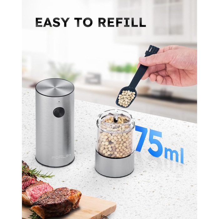 Електрична мельниця для солі та перцю FORLIM, USB-зарядка, з LED-підсвіткою, регульована ступінь помолу, 7 рівнів, 2 шт. (чорний+білий)