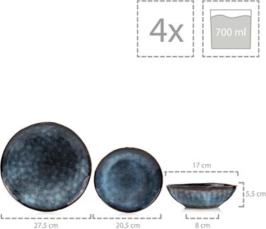 Singer | Teller Set Tokio 12-Piece Set, Stoneware Dinnerware Set for 4 People, Tableware Service including Dinner Plates, Cake Plates & Bowl Set, Dark Blue Dinner Service with Black Accents | PREMIUM COLLECTION 12-Piece Tableware Set