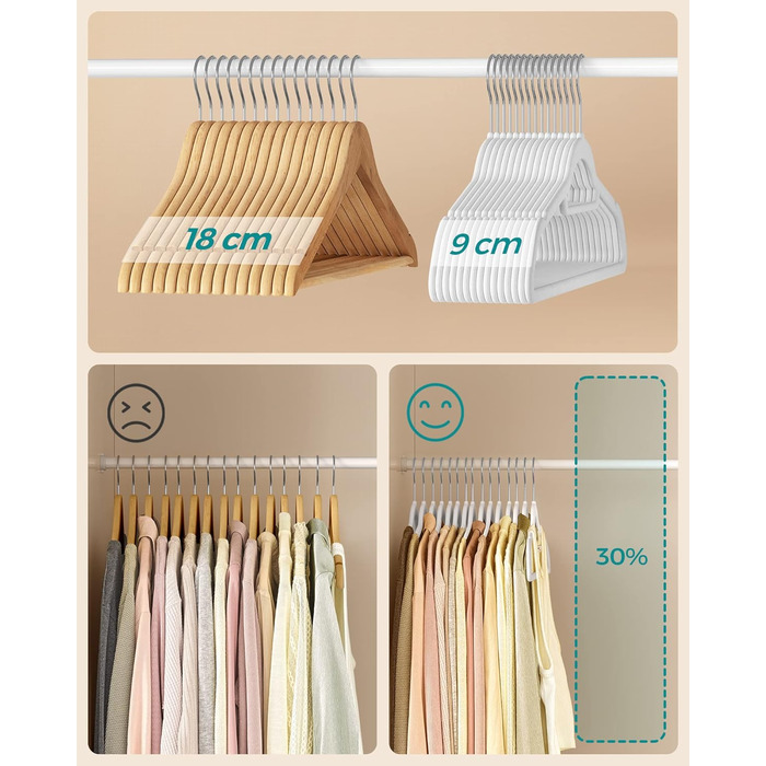 Плечики для одягу SONGMICS, велюрові, 50 шт., для пальто, штанів, краваток, обертовий гачок, 43,5 см, срібно-білий