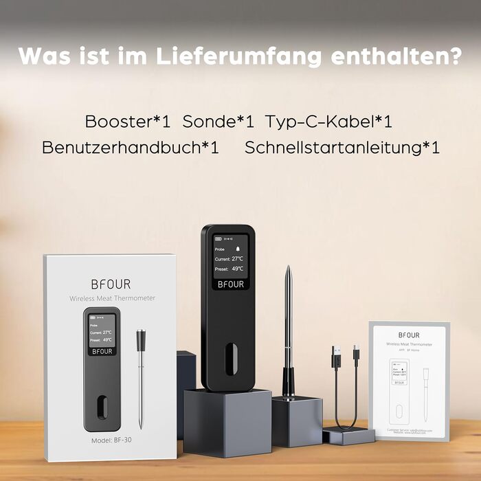 Бездротовий термометр для м'яса BFOUR 2025 з Bluetooth, подвійний сигнал, моніторинг через додаток, водонепроникний IP67, для приготування BBQ, гриля, духовки, коптильні та ротатерії
