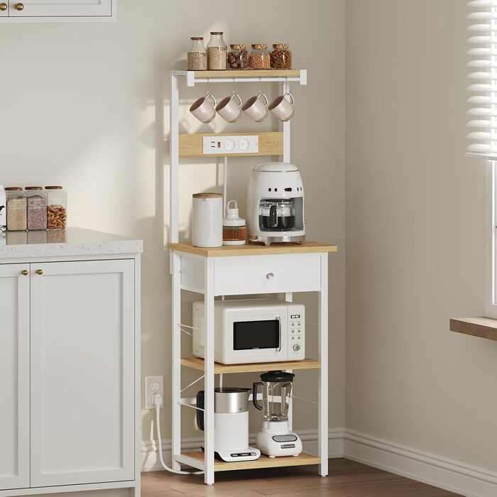 Полиця кухонна з розетками, стелаж для пекаря, підлоговий стелаж, 34 x 48 x 139 см, полиця для мікрохвильовки з ящиками, 4 гачки, для кухні, вітальні, їдальні, чорний/білий ABRHR48UE01