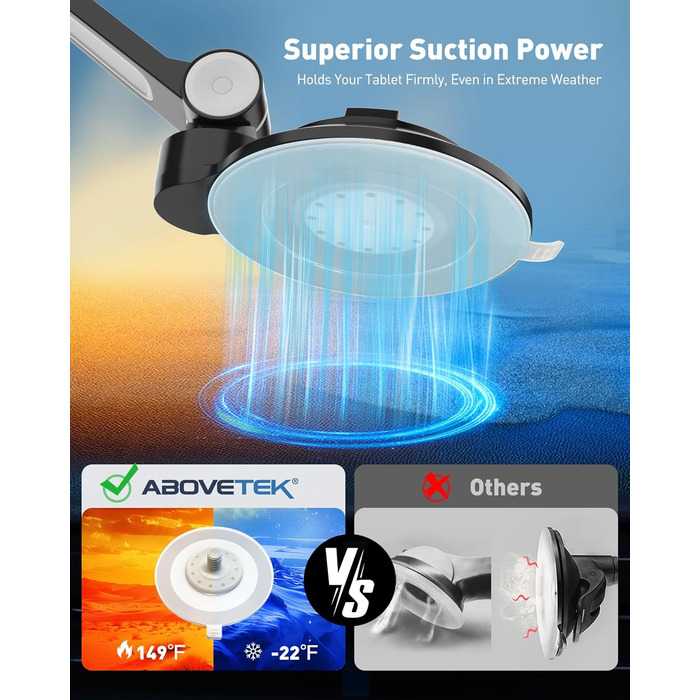 Підставка для планшету та смартфона AboveTEK з присоском – регульована 360° для iPad/смартфонів (4–11 дюймів), авто/стіна/офіс (чорний)