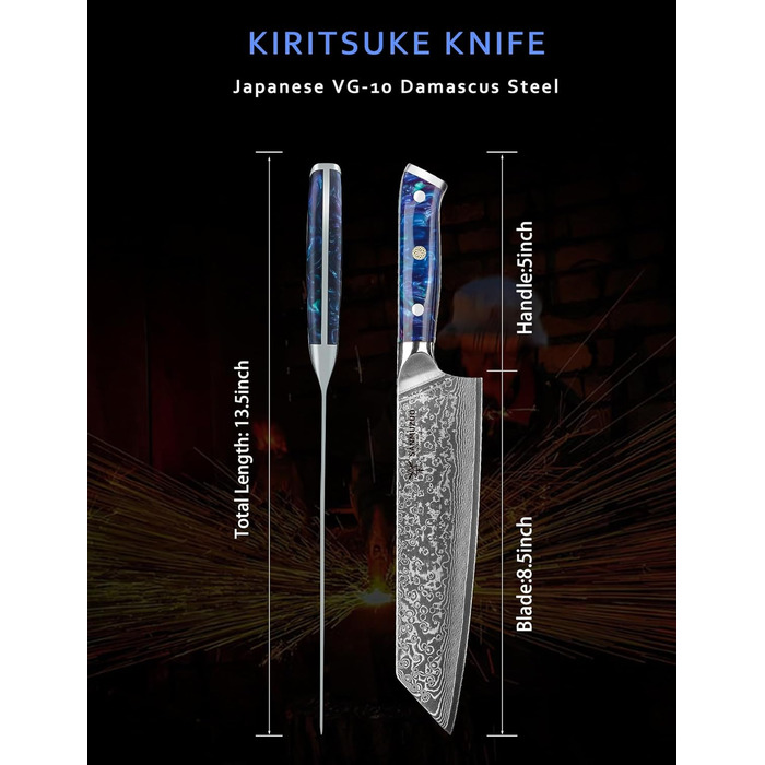 Ніж Kiritsuke Damastmesser 22 см, серія Xuan, сталь VG10 Дамаск, ручка з полімеру (сапфірово-синій)