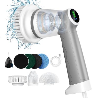 Electric Cleaning Brush for Bathroom, Electric Cleaning Brush with LED Display, Spin Scrubber with 5 Brush Heads, Handheld Cleaning Brush for Household, Floor, Car Tires, Type-C Fast Charging, 2 Modes