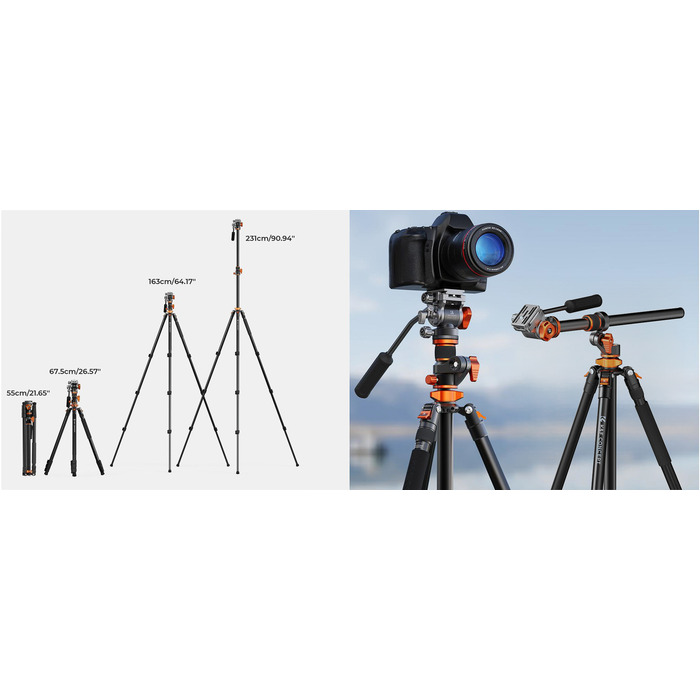 Штатив K&F Concept T254A7 + FH-03, 231 см, чорний