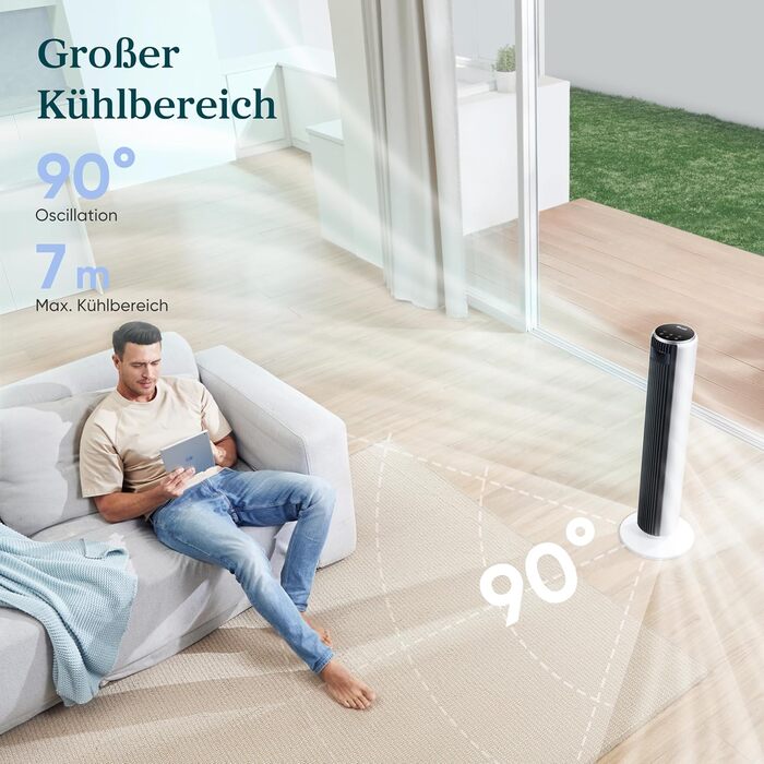 Турбовентилятор Levoit з тихим режимом сну, таймером 12 год, 4 режими, 5 швидкостей, авто-режим з датчиком, осциляція, пульт керування, білий, 92 см