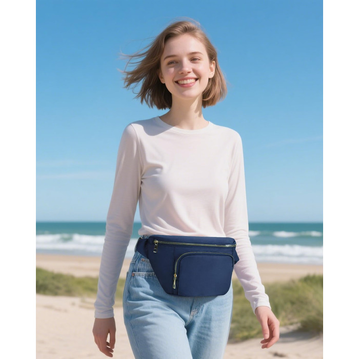 Чоловіча та жіноча бананка на пояс, стильна сумка-бананка з 4 кишенями на блискавці та регульованим ремінцем, ідеальна для подорожей та піших прогулянок (Запатентовано), колір: темно-синій