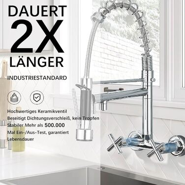 Кухонний змішувач з поворотним виливом 360°, з двома виходами, високий вигин, спіральна пружина, для мийки, брашований нікель (хром)