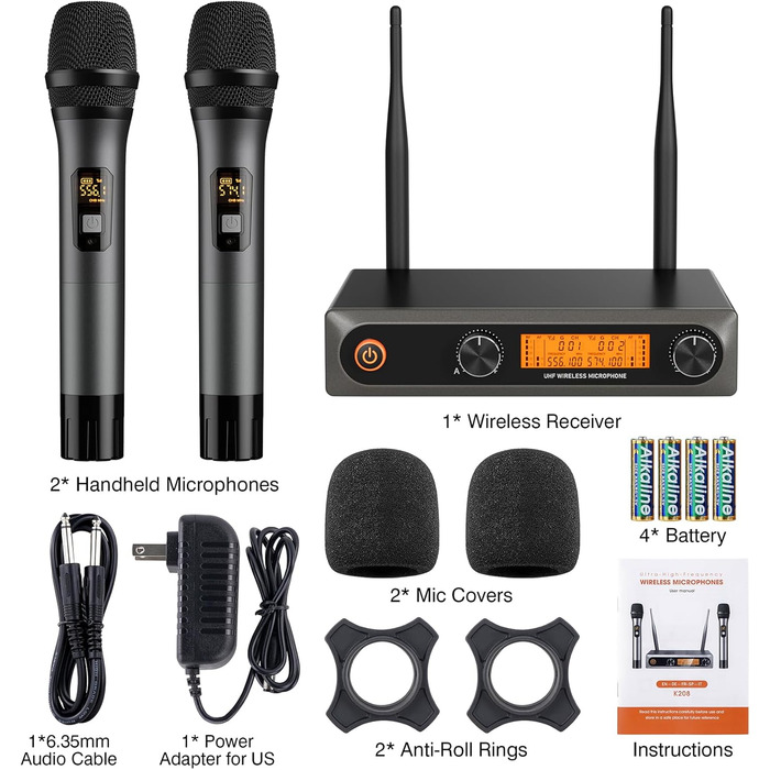 Бездротові мікрофони: комплект 2 шт. з приймачем, UHF, 60м, для вечірок, конференцій, караоке (сірий)