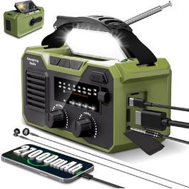 Радіоприймач Kurbelradio 27000mAh з ручним генератором, сонячною панеллю, Bluetooth 5.3, SOS-сигналом, компасом та ліхтариком. Радіо для надзвичайних ситуацій, виживання та підготовки до стихійних лих (зелене)