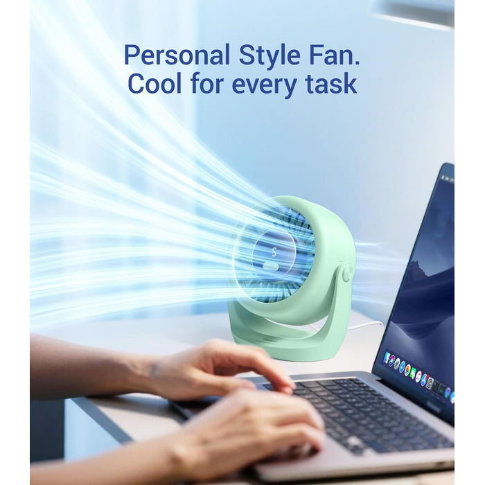 USB Turbo вентилятор для столу TurboBreeze (зелений): тиха робота, LED-дисплей, 5 швидкостей, 360° обертання, портативний