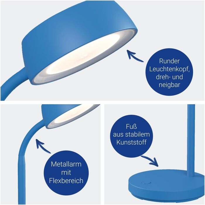 LED настільна лампа MAULjoy | Настільна лампа з підставкою | Лампа для столу, офісу | Регульована LED лампа 3000K тепле біле світло | 33,5 см (висота) (Сучасний дизайн, блакитна)