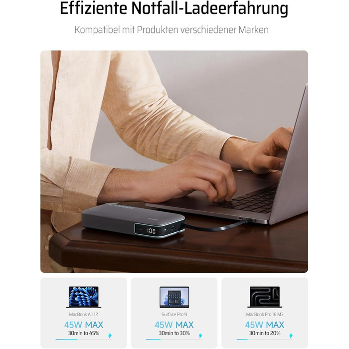 Power Bank CUKTECH 20000mAh з USB-C кабелем, 45W, Digital Display, для iPhone, MacBook, Galaxy, темно-сірий