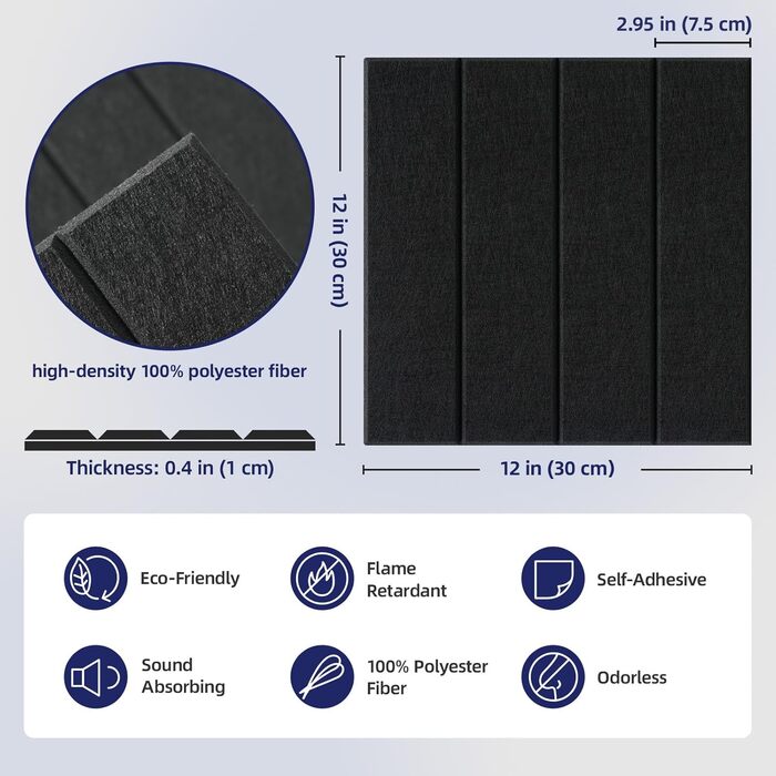 Акустичні панелі Vieshful самоклеючі, 30x30x1 см, звукопоглинаючі стінові панелі з фетру для студії, дому та офісу, чорний колір, 10 шт
