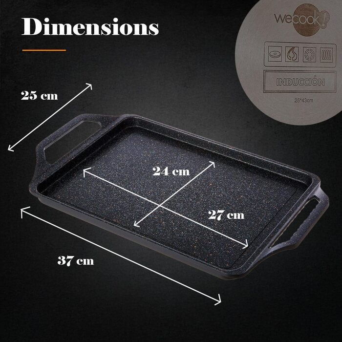 Гриль-пластина WECOOK! Ecochef Titan 37x25 см, алюмінієва, з антипригарним покриттям Quantanium, для індукції та всіх типів плит, знімні силіконові ручки, чорна