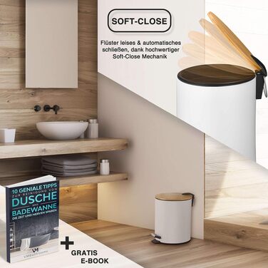 Смітник для косметики VMbathrooms з педаллю та бамбуковою кришкою, Soft-Close, 5 л, білий — для ванної кімнати та туалету
