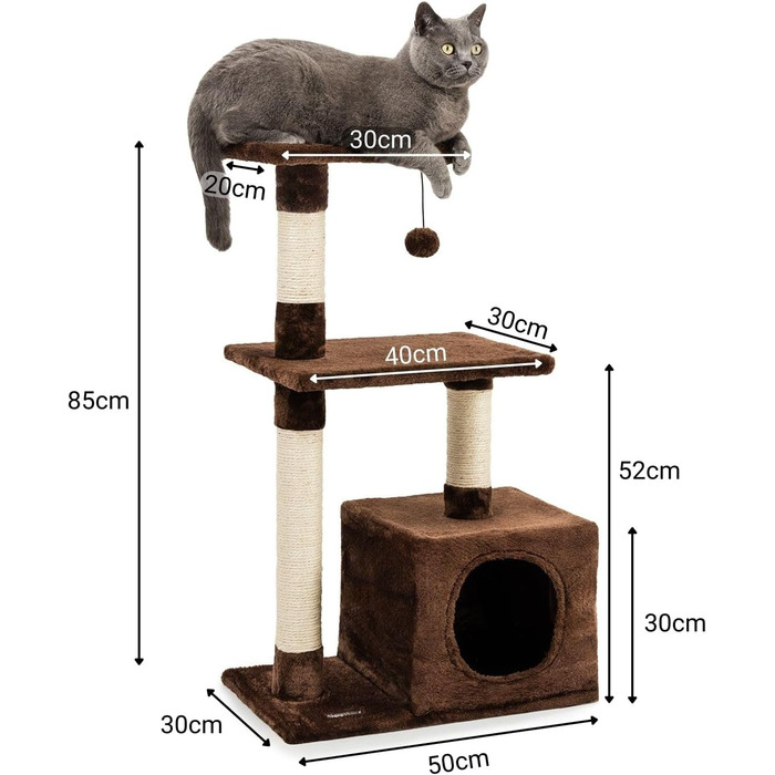 Lionto Scratching Post for Cats with Cave and Plush Ball incl. Bell, Height 85 cm, Cat Tree with Sisal & Plush, Cozy Lying Areas & Cave, Suitable for Small & Large Cats, (Brown (with nameplate))