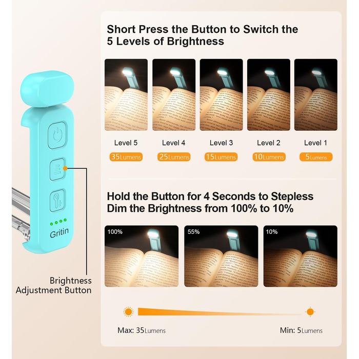 Ліхтарик для читання Gritin з кліпсою, акумуляторний, 7 LED, 3 режими світла, диммер, 5 рівнів яскравості, синій