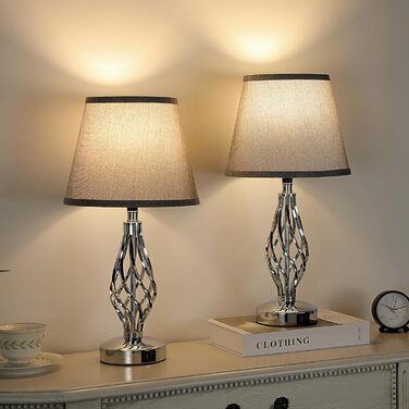 Настільна лампа Kakanuo 2 шт. з USB зарядкою, диммуванням та LED-лампочками, сірий абажур. Сучасний дизайн для спальні, вітальні, офісу.