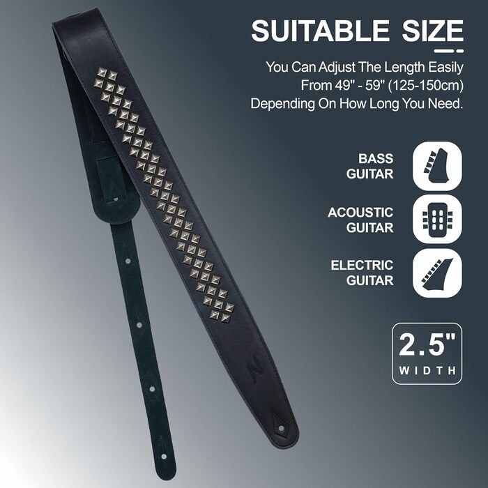 Гітарний ремінь Nefelibata з повном'якої шкіри, з м'якою підкладкою, з срібними заклепками, для електро-, акустичної та бас-гітари (2,5' шириною, карбоновий чорний) (Квадратні діаманти)