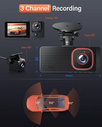 Автомобільний відеореєстратор Bestsee 1080P 3-канальний (передній, задній та салонний) з карткою пам'яті 64GB