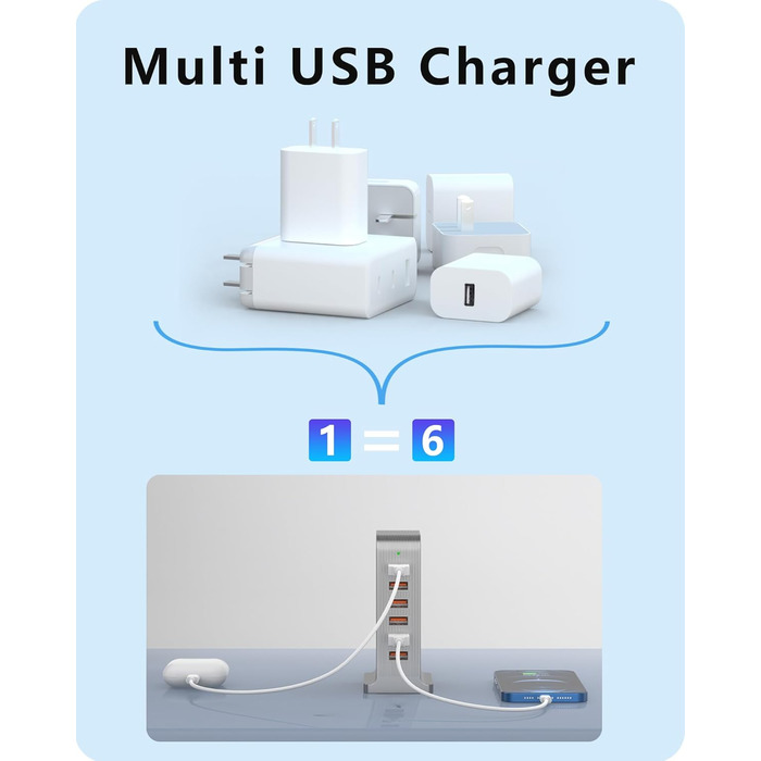 Зарядний пристрій USB мережевий 6 портів 25W/50W для iPhone, Samsung, LG, Huawei та інших (Чорний/Сірий)