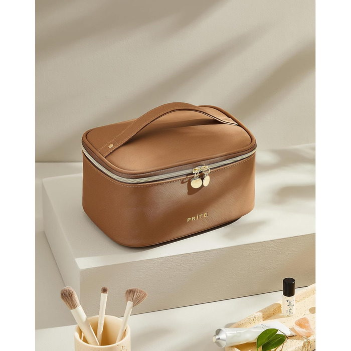 Велика косметичка для жінок, дорожня туалетна сумочка з водонепроникної шкіри, велика косметичка або сумочка для макіяжу з ручкою та знімним роздільником (коричнева)