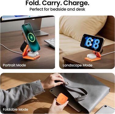 MagSafe зарядна станція 3-в-1: бездротовий зарядний пристрій 25W для iPhone 12-17, Apple Watch, AirPods (Qi, складна, помаранчева)