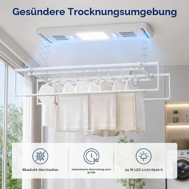 Електрична сушарка для білизни стельова з пультом керування та LED-підсвіткою, регульована за висотою та довжиною, біла