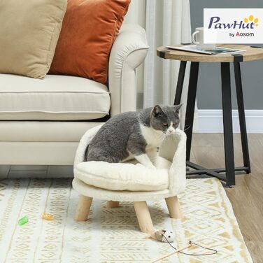 PawHut Софа для собак з подушкою, дерев'яні ніжки, миється, підняте ліжко для домашніх тварин, софа для котів та маленьких собак, 40,5 x 40,5 x 33 см (кремово-білий)