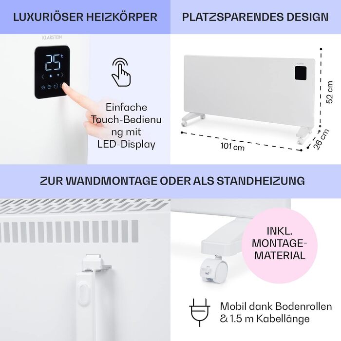Klarstein Bansin Smart Convector Heater, 1500 W, Wall-Mountable/Freestanding, App Control, Energy Efficient, Overheat and Frost Protection, Child Lock, LED Display, Electric Heater for 30 m²