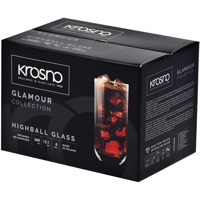 Krosno Long Drink Glasses, Water Glasses, Drinking Glasses | Set of 6 | 360 ML | Glamour Collection | Perfect for Home, Restaurants, and Parties | Dishwasher Safe
