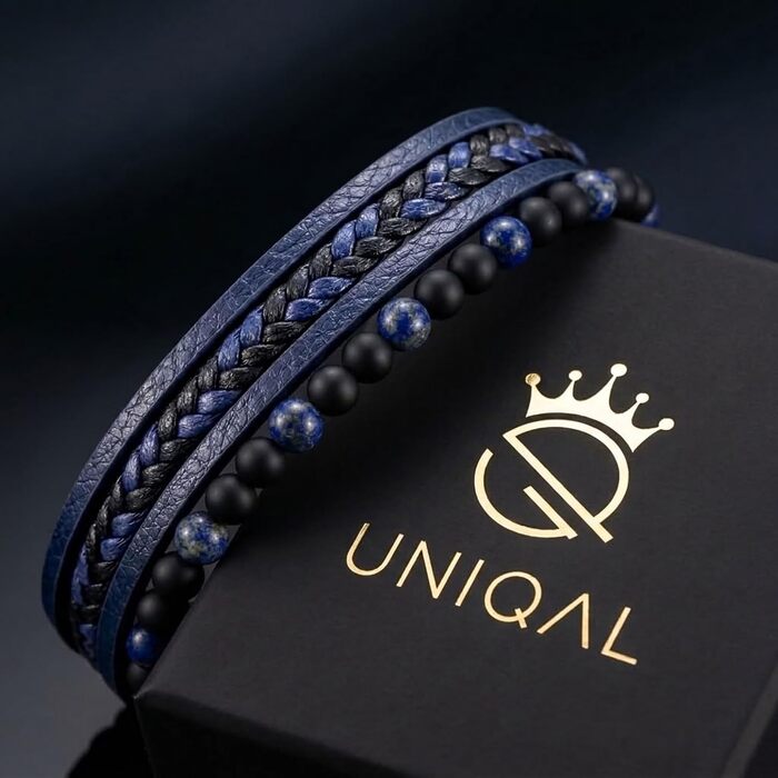 Чоловічий браслет UNIQAL 'FANCY' з натурального каменю Лазурит та натуральної шкіри, нержавіюча сталь, 21 см, синій (у подарунковій коробці)
