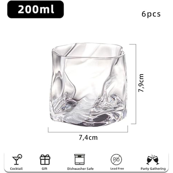 Набір склянок 6 шт. 200 мл - Кришталеві склянки для віскі з нерівномірною поверхнею - склянки для напоїв, кави, коктейлів, лонгдрінків, води, чаю, кави, соку - придатні для миття в посудомийній машині (прозорі)