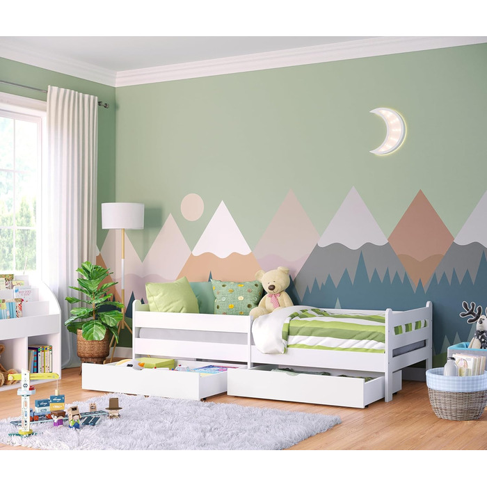 Bellabino Kinderbett Kuru 90x200 with 2 Drawers, Single Bed for Children incl. Fall Protection and Slatted Frame, White Children's Bed, Bed for Boys and Girls with Drawers White