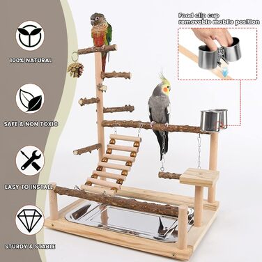 Canary Play Stand Bird Play Stand with Feeder Cup Toy Ladder Climbing Swing and Tray for Budgies, Cockatiels, Parrots, Wood, Size 45x37x26 cm #A